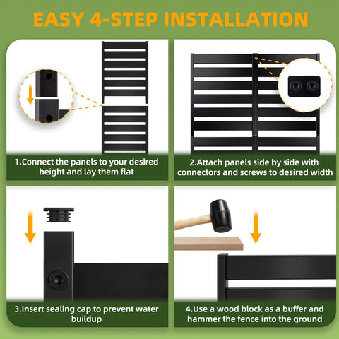Installation steps for Metal Privacy Screen Outdoor Freestanding Panels with stakes, showing connecting, sealing, and hammering processes.