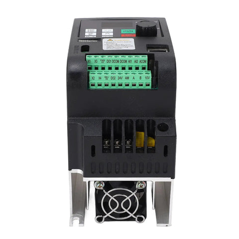 Front view of 1.5KW VFD Variable Frequency Drive for CNC Spindle Motor Speed Control with cooling fan and heat sink