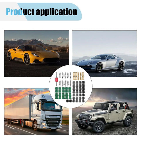 71 Piece Hvac Hose Gasket And Valve Core Repair Kit For Cars Yellow Jacket Style Auto Ac Service Tool shown with diverse vehicles.
