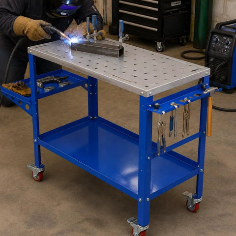 Boss Level Portable Welding Table 36 By 18 Inch Steel Workbench with welding sparks and tools in use.