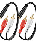 3.5mm To RCA Splitter Cable Y Adapter, Gold Plated Stereo Audio Cable For Tablets, Phones, DACs, Turntables To Home Speakers Or Soundbars, 2 Pack, Crystal Clear Sound, Durable And Universal Fit, black 8-inch female to 2 RCA male cables