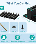 Image showing parts included in 6-Bin Overhead Garage Storage Rack With Heavy-Duty Ceiling Tote Rails, including screws and bolts.