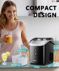 Front view of black EUHOMY nugget ice maker with handle on countertop, ice basket and scoop