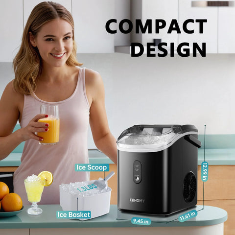 Front view of black EUHOMY nugget ice maker with handle on countertop, ice basket and scoop