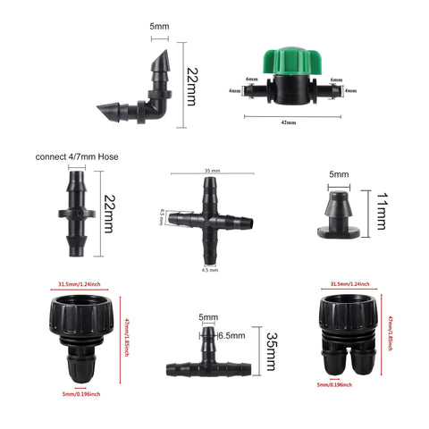 DIY Drip Irrigation Fittings Kit With 128 Pcs 3/4 Inch To 1/4 Inch Hose Adapters and connectors with dimensions