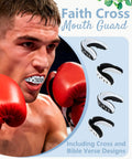 Athlete wearing Faith Cross Mouth Guard Set With Case Four Mouth Guards For Football Basketball Boxing Lacrosse Hockey And All Contact Sports Bible Verse Cross Design In Black And White.