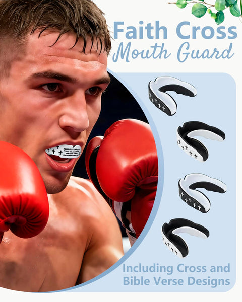 Athlete wearing Faith Cross Mouth Guard Set With Case Four Mouth Guards For Football Basketball Boxing Lacrosse Hockey And All Contact Sports Bible Verse Cross Design In Black And White.