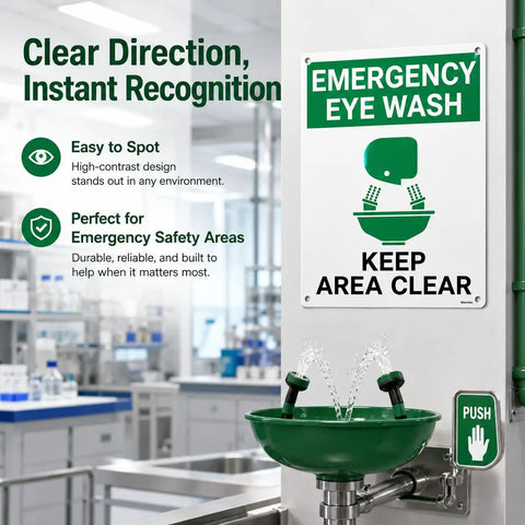 Emergency Eye Wash Sign Keep Area Clear 8x12 Inches Green and White Safety Sign With Pre Drilled Holes in workplace setting