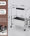 Mop and broom holder with wheels for a grab and go cleaning cart showing dimensions, detachable stainless steel tray, and swivel wheels.