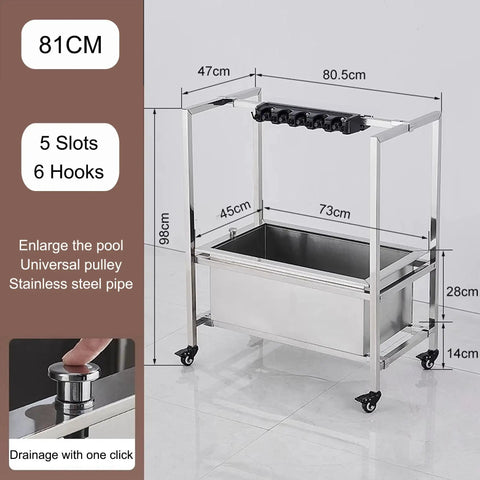 Mop and broom holder with wheels for a grab and go cleaning cart showing dimensions, detachable stainless steel tray, and swivel wheels.