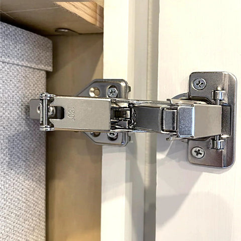 2 Pack 180 Degree Concealed Hydraulic Cabinet Hinges With 3D Adjustable Clip On Plates For Face Frame Kitchen Doors Soft Close And Silent Operation Full Overlay Durable Steel Construction Easy No Fuss Installation In Corner Cabinets And Pantry Storage installed on cabinet