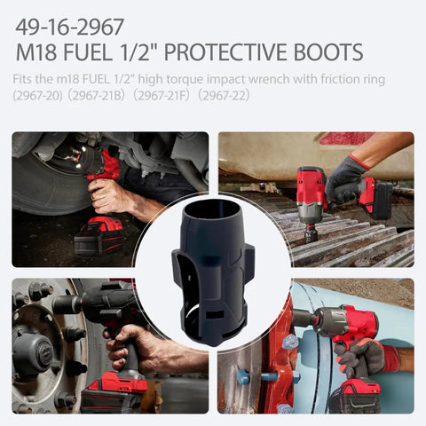 Milwaukee M18 Fuel Half Inch Impact Wrench Rubber Protective Boot Cover in use, shown in various job site scenarios