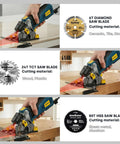 Enventor mini circular saw, blue with yellow accents, cutting wood with laser guide on a workbench