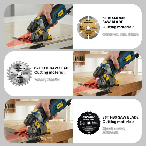 Enventor mini circular saw, blue with yellow accents, cutting wood with laser guide on a workbench