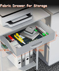 Built Tough 3 Tier Printer Stand With Fabric Drawer Rolling Storage Cart For Heat Press Scanner Fax Clean Mobile Desktop Organizer Office Setup White, featuring a grey fabric drawer measuring 11.81 x 15.35 x 3.35 inches.
