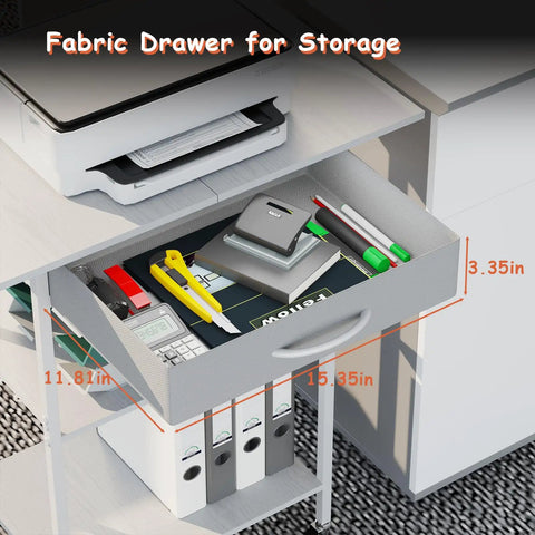 Built Tough 3 Tier Printer Stand With Fabric Drawer Rolling Storage Cart For Heat Press Scanner Fax Clean Mobile Desktop Organizer Office Setup White, featuring a grey fabric drawer measuring 11.81 x 15.35 x 3.35 inches.