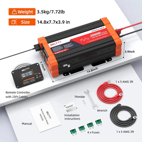 2000W Pure Sine Wave Inverter 24V DC To 120V AC For Solar Off Grid RV And Truck Use with accessories and dimensions