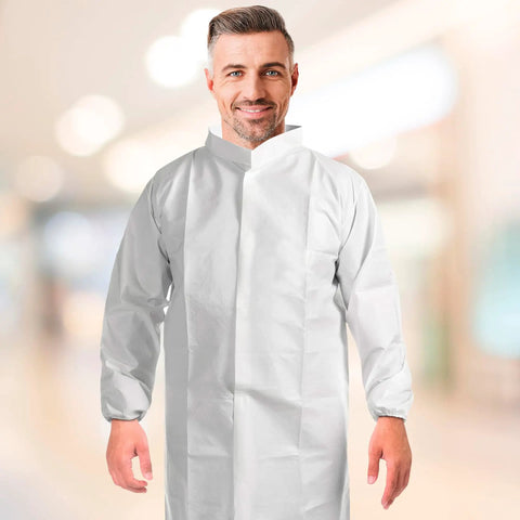 Disposable Lab Coats For Adults Pack Of 10 Lightweight 60gsm Microporous Long Sleeve White With Elastic Cuffs Hook And Loop Closure Mandarin Collar No Pockets Breathable All Day Comfort Medical Gowns on man front view