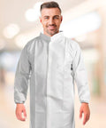 White Disposable Medical Gowns 2X Large Pack Of 10 PPE Isolation Scrub Gowns With Elastic Wrists, Loop Fasteners, Mandarin Collar, 60 GSM Microporous Material For Clinic, Hospital, Or Home Care, worn front view