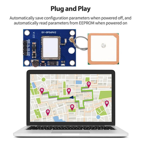 2 Pack GY-NEO6MV2 NEO-6M GPS Module For Flight Control with ceramic antenna next to GPS map displayed on laptop screen