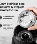 80mm Flat Burr Electric Coffee Bean Grinder With Straight Up Stepless Control showcasing stainless steel flat burrs and micrometric dial.