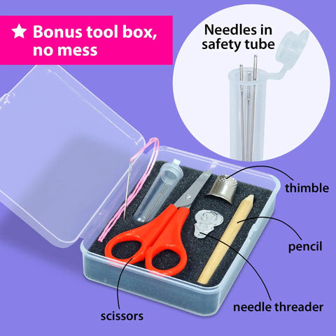 Beginner Embroidery Kit For Kids And Adults Noob Friendly Starter Set tool box with scissors, thimble, and needle threader