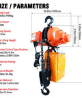 Side view of orange electric chain hoist with hook, chain, and wired remote; 2200 lb capacity for garage/shop use.