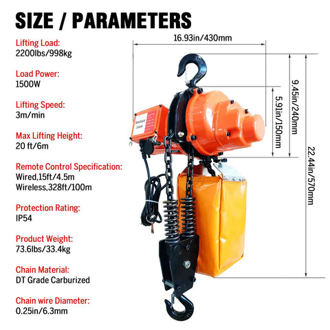 Side view of orange electric chain hoist with hook, chain, and wired remote; 2200 lb capacity for garage/shop use.
