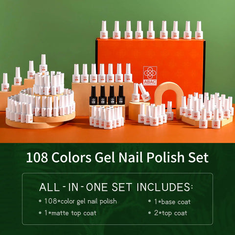Gel Polish Set 112 Piece HEMA Free With 108 Colors Nail Polish Kit displayed on orange backdrop.