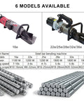 Uwytgf Portable Electric Hydraulic Rebar Bender Machine For 8Mm To 32Mm Steel Rods with models and specifications displayed.