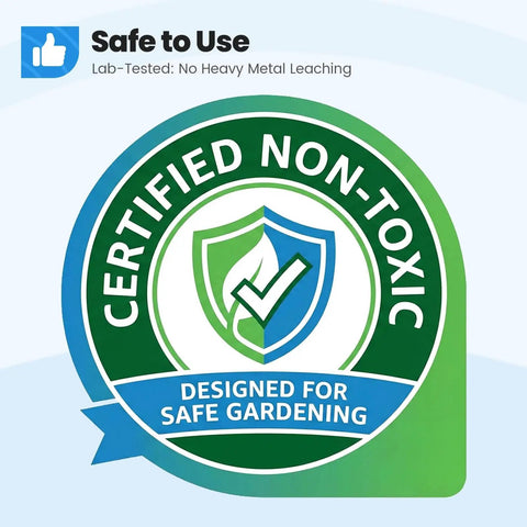 Certified non-toxic badge with shield logo, designed for safe gardening, labeled 'Safe to Use' and 'No Heavy Metal Leaching'.