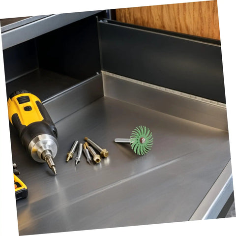 Kick Up Your Surface Game With This 1 Inch Radial Bristle Disc Buffing Wheel Kit placed on a metallic work surface.