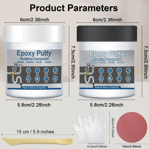 Front view of 16 Oz AB Metal Epoxy Putty For Fast Underwater Repairs No Bake Required Leak Fixes Self Hardening Pool Putty That Bonds Metal Wood Tile And Concrete Perfect For Patching Holes Cracks Leaks Sculpting And Bonding White, showing product dimensions and included items.