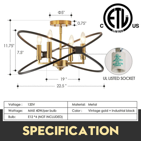 Black And Gold Industrial Ceiling Light Fixture With Four Light Candle Chandelier Ceiling Mount For Dining Room Kitchen Island Living Room And Bedroom E12 Sockets Vintage Style Home Lighting with dimensions and specifications