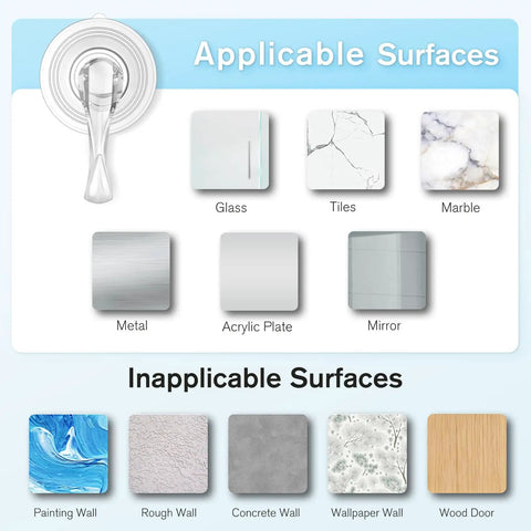 Clear Suction Cup Hooks Set Of 6 For Shower, shown with surfaces: glass, tiles, marble, metal, acrylic, mirror