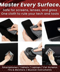 Samurai Cloth microfiber cleaning cloth, gray, 2-pack, medium; collage showing use on phones, laptops, cameras and screens