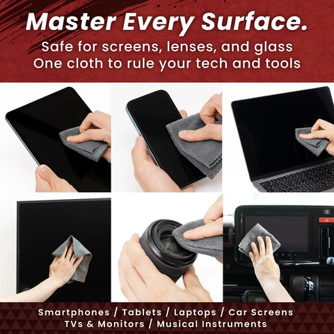 Samurai Cloth microfiber cleaning cloth, gray, 2-pack, medium; collage showing use on phones, laptops, cameras and screens