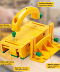 Table Saw Push Block For Woodworking With No Slip Grip And Multidirectional Control To Tackle Tight Narrow Rips Dowel Cuts And Thin Strips While Blocking Kickback And Keeping Hands Safe, featuring adjustment screws and ergonomic handle.