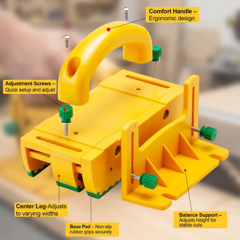 Table Saw Push Block For Woodworking With No Slip Grip And Multidirectional Control To Tackle Tight Narrow Rips Dowel Cuts And Thin Strips While Blocking Kickback And Keeping Hands Safe, featuring adjustment screws and ergonomic handle.