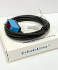 Compact Diffuse Photoelectric Sensor With Background Suppression And 2mm Red Laser, No Fuss Install, Sensing Range 20 To 300 Mm, 10 To 30 VDC, PNP Output, Unaffected By Background Color, Ideal For Transparent Objects. blue sensor with coiled cable and mounting hardware