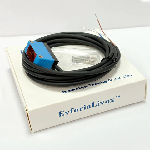 Compact Diffuse Photoelectric Sensor With Background Suppression And 2mm Red Laser, No Fuss Install, Sensing Range 20 To 300 Mm, 10 To 30 VDC, PNP Output, Unaffected By Background Color, Ideal For Transparent Objects. blue sensor with coiled cable and mounting hardware