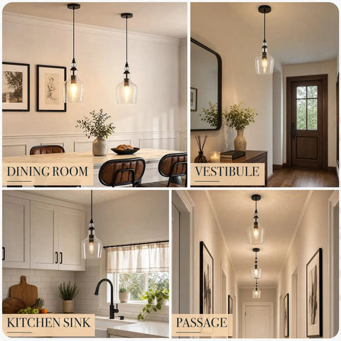BNHHLZ Seeded Glass Pendant Light for Kitchen Island, Matte Black Teardrop Hanging Light Fixture, Adjustable Cord in dining room setting.