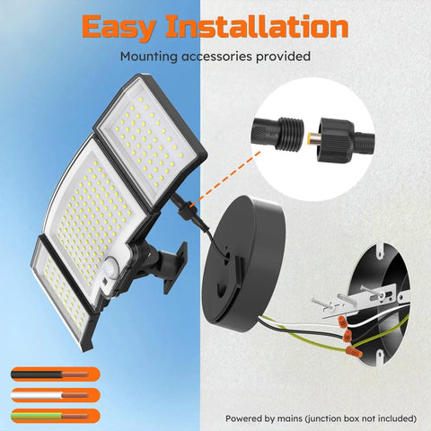 LED Motion Sensor Security Flood Lights With Remote Control, Daylight 6500K 20W 3000 Lumens, Dusk to Dawn design shown with wiring