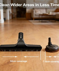 32mm 1 1/4 Inch Vacuum Attachment For Hardwood Floors - Deluxe Extra Large Hardwood Brush next to smaller vacuum head on wood floor