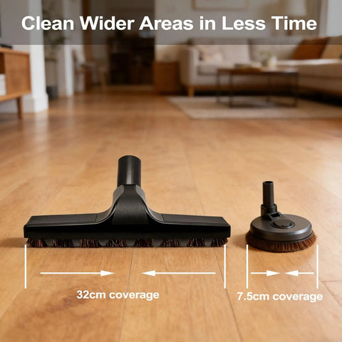 32mm 1 1/4 Inch Vacuum Attachment For Hardwood Floors - Deluxe Extra Large Hardwood Brush next to smaller vacuum head on wood floor