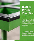 Close-up of Top Shelf 360 Degree Spin Workbench Galvanized Steel table edge with PVC strip for protection.