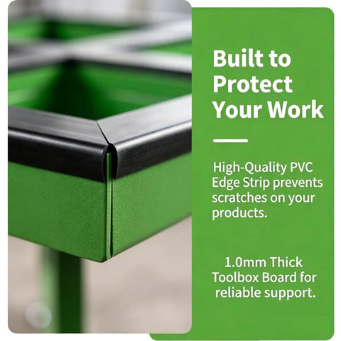 Close-up of Top Shelf 360 Degree Spin Workbench Galvanized Steel table edge with PVC strip for protection.
