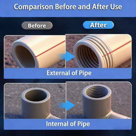 2026 New Dual Function Pipe Tapping And Threading Tool Kit comparison of PVC pipe before and after threading with NPT thread