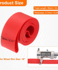Two Pack 16 Inch TPU Rim Strips Puncture Proof Tire Liner For Mountain And Road Bikes shown with dimensions for size and thickness.
