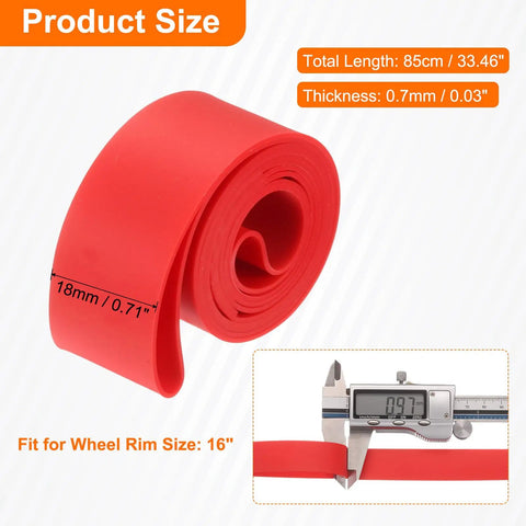 Two Pack 16 Inch TPU Rim Strips Puncture Proof Tire Liner For Mountain And Road Bikes shown with dimensions for size and thickness.